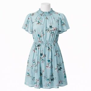 Size 1X Torrid Womens Mini Chiffon Floral Smocked Neck Blue Boho Dress Plus Size